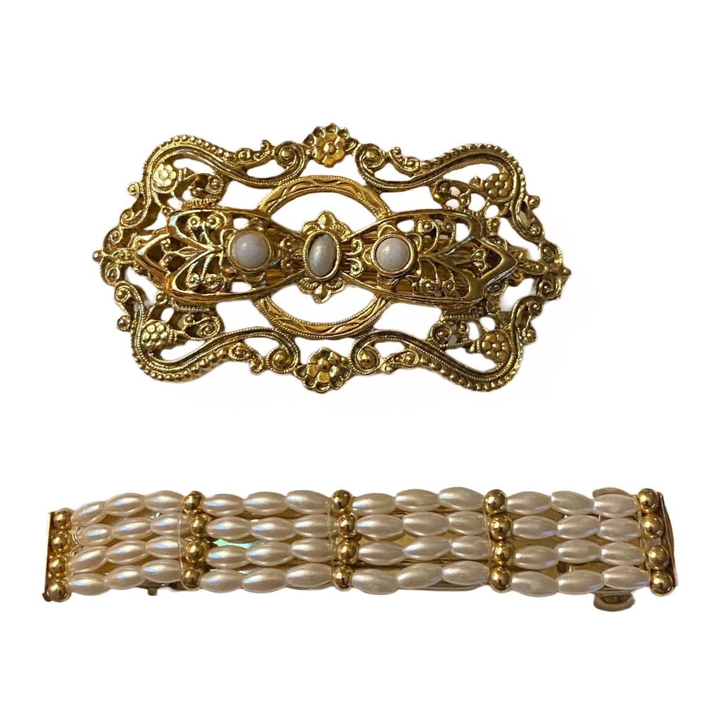 Victorian Style Gold Tone Faux Pearl Barrette Pair